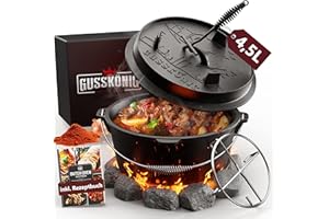 GUSSKÖNIG Dutch Oven Set [4,5L] - Eingebrannter Feuertopf mit praktischem Deckelheber und Edelstahl Untersetzer