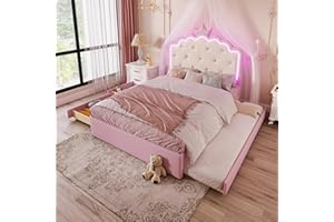 ‎MERAX Merax Kinderbett 140x200, Polsterbett für Mädchen Kronen-Doppelbett mit LED-Streifen, Bettrahmen mit Lattenrost, Ausziehbett und 2 Schubladen (ohne Matratze), aus PU-Leder, Rosa