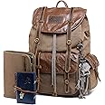 Premium Canvas and Leather Backpack Men Vintage Carry on Knapsack Rucksack Travel Laptop Backpacks Brown and Grey