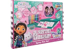 DREAMWORKS GABBY'S DOLLHOUSE Gabby's Dollhouse - Spray Pen Set Desktop Box (GD23368) - Kit de Stylos Pulvérisateurs pour Colorier et Dessiner - 12 Stylos et 16 Pochoirs pour Créer des Couleurs et des Dessins Uniques