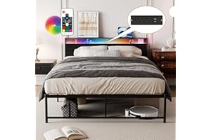 BEXEVUE 4ft6 Double Bed Frame with Power Outlets & LED Strip - Double Solid Vintage Iron Platform Bed, Ergonomic Storage Headboard, Modern Design High Footboard Large Space Living Room Bedroom Home