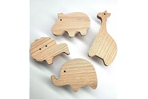 PLT 4 uchwyty ze zwierzętami do mebli dziecięcych z surowego drewna dębowego, gałki, gałka do komody, szafy, szuflady, pokoju dziecięcego, prezent (4, słoń, lew, hipopotam, żyrafa)