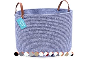 OrganiHaus Extra Large Cotton Rope Basket with Real Leather Handles, Woven Basket, Baby Woven Laundry & Blanket Basket, Large Toy Storage Basket for Kids & Rope Storage Basket Woven 50x33cm Blue