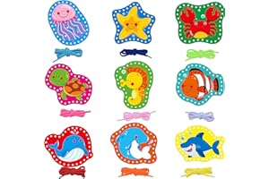 SPRITEGRU 9 Pièces de Cartes d'Enfilage pour Enfants, Cartes de Couture à Double Face dans 9 Cartes d'Animaux Marins avec 9 Lacets Colorés, Jouets d'Enfilage pour Activités Éducatives et d'Apprentissage