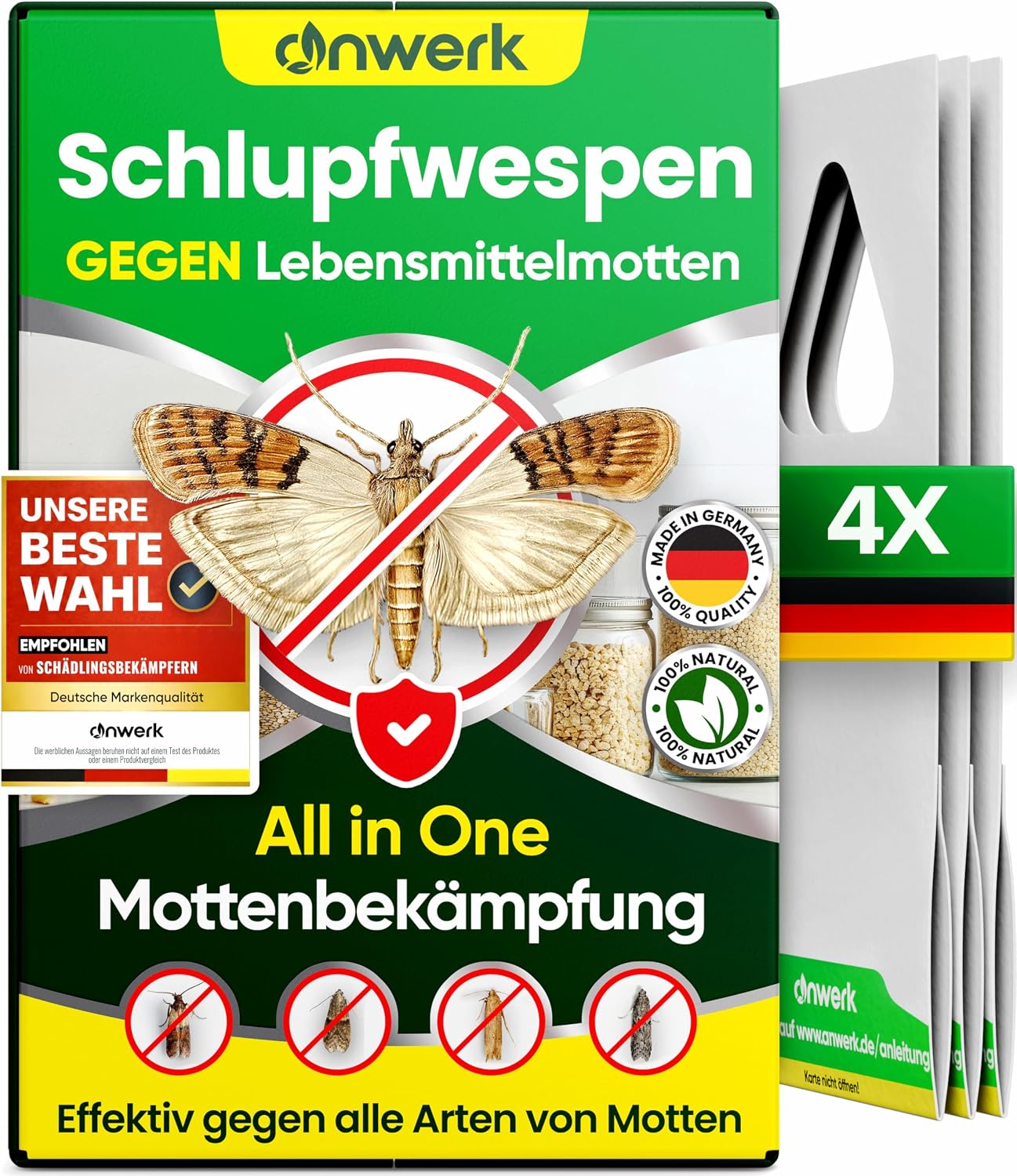 anwerk® Schlupfwespen gegen Lebensmittelmotten - 4 Karten à 1 Lieferung - Effektiv Lebensmittel Motten bekämpfen - Alternative zur Mottenfalle, Mottenspray, Pheromonfalle (4X Karten à 1 Lieferung)