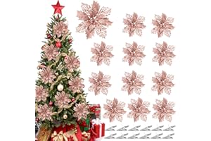 JENICH 12 Fiori Artificiali per Alberi di Natale con Glitter Stelle Natalizie Poinsettia Glitterate Oro Rosa Decoracioni Ornamenti Addobbi Capodanno