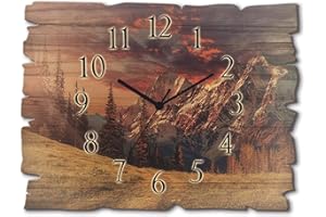 ‎ARTLAND ARTLAND Wanduhr ohne Tickgeräusche aus Holz Quarz Uhr lautlos 40x30 cm Rechteckig Alpen Landschaft Berge Wald Natur Wolken U1RI