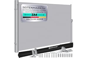 KESSER® Alu-Seitenmarkise Ausziehbar & Blickdicht 300 x 200 cm | Garten-Sichtschutz & Windschutz mit Aufrollautomatik für Balkon & Terrasse | Seitenrollo inkl. Regencover mit Wandhalterung Grau