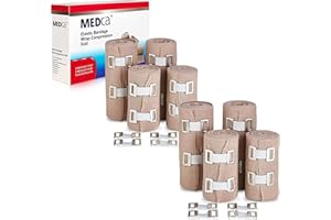 MEDCA Elastyczny bandaż kompresyjny - najwyższa jakość (zestaw 8) z haczykami, sportowa taśma podtrzymująca rolki na kostkę, nadgarstek, ramię, skręcenia nóg Bandaże pierwszej pomocy o wymiarach (4) - 4 "x 5 stóp (4) - 3" x 5 stóp