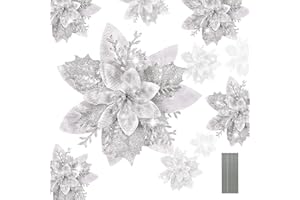 HCSSZ 12pcs Christmas Glitter Artificial Poinsettia Flowers with 12pcs Stems for Wedding Christmas Tree Faux Flowers New Year Ornaments Xmas Garland Wreath Decorations(Silver)