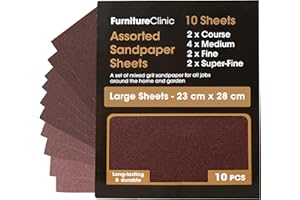 Furniture Clinic Assorted Sandpaper | 10 Large Sheets For Walls, Metal, Wood & Furniture for Hand, Sanding Block or Sander Use | Coarse, Medium, Fine Sand Paper Pack (P40, P80, P120, P240)