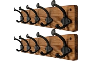 WEBI Percheros Pared,Percha Pared Madera,5 Ganchos de Hierro Fundido,Colgador Pared Para Abrigos,Chaqueta,Marrón,Paquete de 2