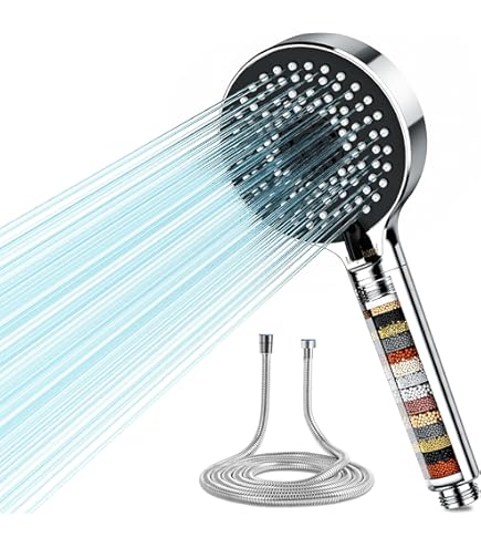 MEKO Hogedruk Douchekop met Filter voor Kalk,Waterbesparend Handdouche met 1.5m Slang,3 modi Vervangbaar Straalsoorten,Filterende Douchekoppen met Massageborstel voor doucheruimte (Zwart