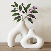 Nordic Ceramic Vase Set – 2 White Sculptural Vases for Fresh Flowers or Dried Stems – Minimalist Home Décor for Shelf, Table,