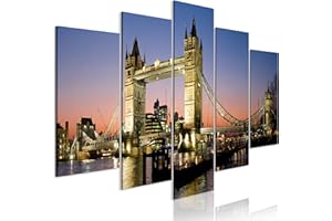 decomonkey Cuadro Lienzo Ciudad 100x50 cm 5 piezas Impresión Decoración Cuadro De Pared Material Tejido no Tejido Gráfica Foto Salon Arquitectura Puente Luces Río Panorama Noche
