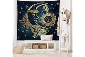 ABAKUHAUS Psychédélique Tapisserie, Lune avec Plumes Boho, Décoration Murale en Tissu pour la Chambre à Coucher Le Salon Le dortoir, 230 cm X 140 cm, Bleu Jaune
