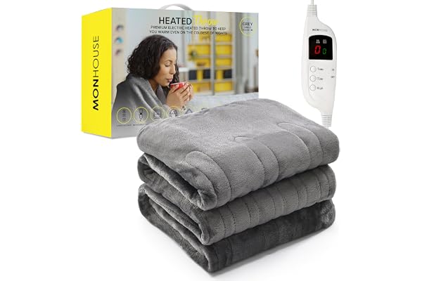 MONHOUSE Jete Chauffant - Couverture Electrique - Controleur Numerique - Minuterie Jusqu a 9 Heures, 9 Reglages De Chaleur, Arret Automatique - Simple 130x160cm - Gris