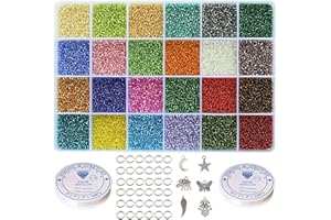VOOMOLOVE About 21000pcs 2mm 12/0 Glass Seed Beads 24 Colors Loose Beads Kit Bracelet Beads with 24-Grid Plastic Storage Box for Jewelry Making