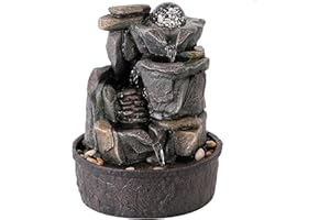 LEOM Indoor Fountain with Rolling Ball LED Lights, Tabletop Fountain Waterfall Feature, Indoor Waterfall Sound, Zen Relaxation, Natural Humidifier, Home Decor, 25cm Tall