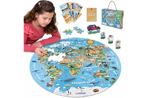 BONNYCO Jättegolvpussel Världskarta för Barn med 70 Stora Bitar med Djur | Med 15 Kort och 4 Figurer. Runt Pussel 58 x 58 cm med Guide. Pedagogiska Spel, Presenter och Leksaker för Barn från 4 År