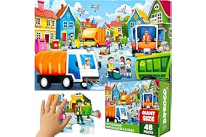 QUOKKA Floor Puzzles For 3 4 Year Olds - 60x90 cm 48 pc Giant Jigsaws For Children Age 4 5 - Large Educational Garbage Trucks Toys for 3 6 yo - Premium Gift Box with Sturdy Handle & Magnetic Closure