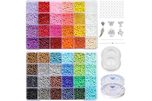 Bala&Fillic Size 4mm 6/0 Glass Seed Beads, 48 Colors in Box about 6800pcs with Elastic String and Beading Needles