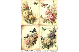 Josys Bastelmärchen Reispapier A4 Strohseide Decoupage Vintage Brief Blumen Schmetterling RE2552
