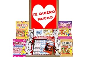 WIKIMARK Caja San Valentín Kinder y Haribo - Especial Día de Los Enamorados - Incluye Kinder Bueno, Kinder Hippo, Gominolas Haribo, Kinder Chocolate. Lleva una Bonita ilustración. Regalo para Novios