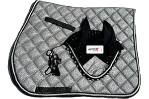 NASX SPORTS Glitter Saddle Pad Shining Shimmer Saddlepad Set with matching Fly Veil Bonnet Set Padded Earnet (FULL, Silver)