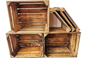 TERAMICO Set di 3 cassette per frutta in legno massiccio, in legno naturale e flammato, con ripiani a incastro, da montare, ideali per la costruzione di mobili