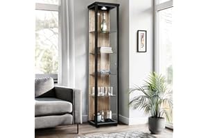 K-Möbel Vitrina de Cristal en Roble Sonoma/Negro (176x37x33 cm) con 4 estantes de Cristal Ajustables en Altura, LED - Vitrina para maquetas de Coches Negro- Vitrina de exposición Roble Sonoma