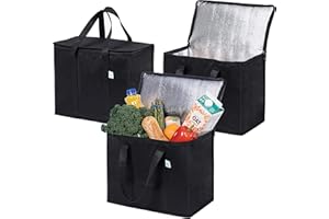 VENO 3 Pack Insulated Reusable Grocery Shopping Bag, Food Delivery, Cooler Bag, Heavy Duty, Large Size, Durable Handles, Dual Tab Zips, Lid, Stands Upright, Collapsible, Sustainable (Black, 3 Pack)