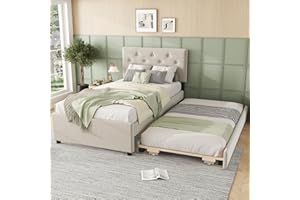 Aoskem Polsterbett Einzelbett Bett 90x200 cm mit Rollbett 90x190 cm, Bettgestell mit Lattenrost, Kinderbett Jugendbett Flachbett Rückenlehne Bett Gästebett, Ohne Matratze, Samt (Beige)