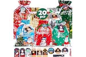 YAAVAAW 20pcs Christmas Drawstring Gift Bags Multipack Extra Large Medium Small Christmas Foil Gift Bags Xmas Gift Bag Goody Wrapping Bags for Presents Assorted Sizes with Drawstring Tags