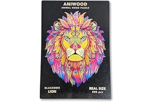 JUEGACONMIGO ANIWOOD Puzzle de Madera de Animales. Tapa troquelada, Caja a tamaño Real del Puzzle. 3 Modos de dificultad, Elemento Decorativo. Piezas únicas Originales de Animales (Large, León)
