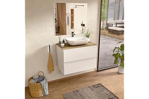 BELLOBATH - Mueble Baño Suspendido con Lavabo de Cerámica y Espejo, Mueble Baño con Lavabo Montado con 2 Cajones, 80 x 55 x 46 cm, Mueble Blanco y Tapa Roble