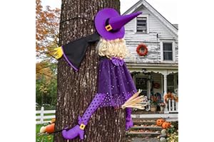 HOIIOH Halloween-Deko Outdoor – 135 cm Halloween Hexe Kracht gegen Baum, Witzige Fliegende Hexendeko zum Hängende für Garten, Vordervoranda, Gruselhaus, Outdoor/Indoor, Hof, Partydeko (Violett)