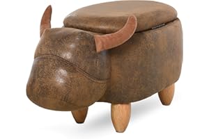 HOMCOM Animal footstool Buffalo Storage Stool Cute Kids Decoration Wood Frame Legs w/Padding Lid Ottoman Furniture Brown