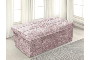 INTIMATES Large 2 Seater Luxury Crushed Velvet Fabric with Diamantes Foldaway Ottoman Stool Blanket Box Bench 76cms x 38cms (Blush Pink)