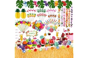 MULEVIP 143 Hawaii Deko Hawaii Party,Hawaii Party Deko Hawaii Dekoration Party Beach Party Deko Aloha Deko,Hawaii Kette Blumen,Aloha Party Deko Kuchendeckel und Papier Strohhalme für Garten Party