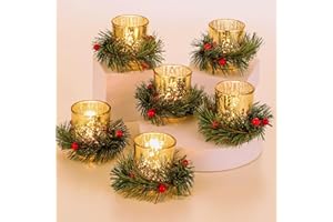 Glasseam Portacandele di Natale in Vetro: Tea Light Portacandele Oro con Anello Corona di Candele Set di 6 Portacandele per La Decorazione della Tavola di Natale Portacandele Votive