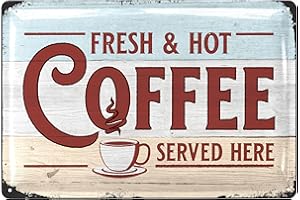 LANOLU Tabliczka blaszana kawa retro - tabliczka z kawą SERVED HERE - dekoracja kuchni vintage prezent do kawiarni - dekoracja kuchni i retro dekoracja na kolację o wyglądzie drewna - metalowa