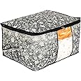 Kuber Industries Flower Print Foldable Woven Underbed Storage Bag|Large Storage Organiser|Blanket Cover with Transparent Window|Size 65 x 45 x 31 CM (Black)-KUBMART16598(Fabric)