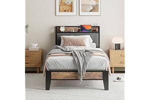 IRONCK Single Bed Frame with Storage Shelf Upholstered Headboard, Platform Bed Frame with Charging Station, Metal Bed Frame/UnderBed Storage, Enhanced Support Noise Free, Vintage Brown+Grey