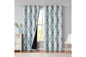 Beauoop Teal Grey Blackout Curtains for Living Room 90 Inch Drop Geometric Curtains Lattice Moroccan Print Room Darkening Thermal Insulated Energy Efficient Window Curtain Drapes 2 Panels
