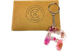 Cotswold Crafts By Emma Personalised Handmade A-Z Letter Keyring with Pink Pressed Flowers and Rose Gold – Initial Keychain, 