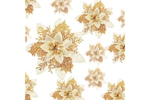 Geosar 24 Pezzi di Fiori Artificiali di Stella di Natale Glitterati Poinsettia di Natale con Clip per Addobbi di Regali e Alberi di Natale, 6 Pollici, 4 Pollici, 3 Pollici (Oro)
