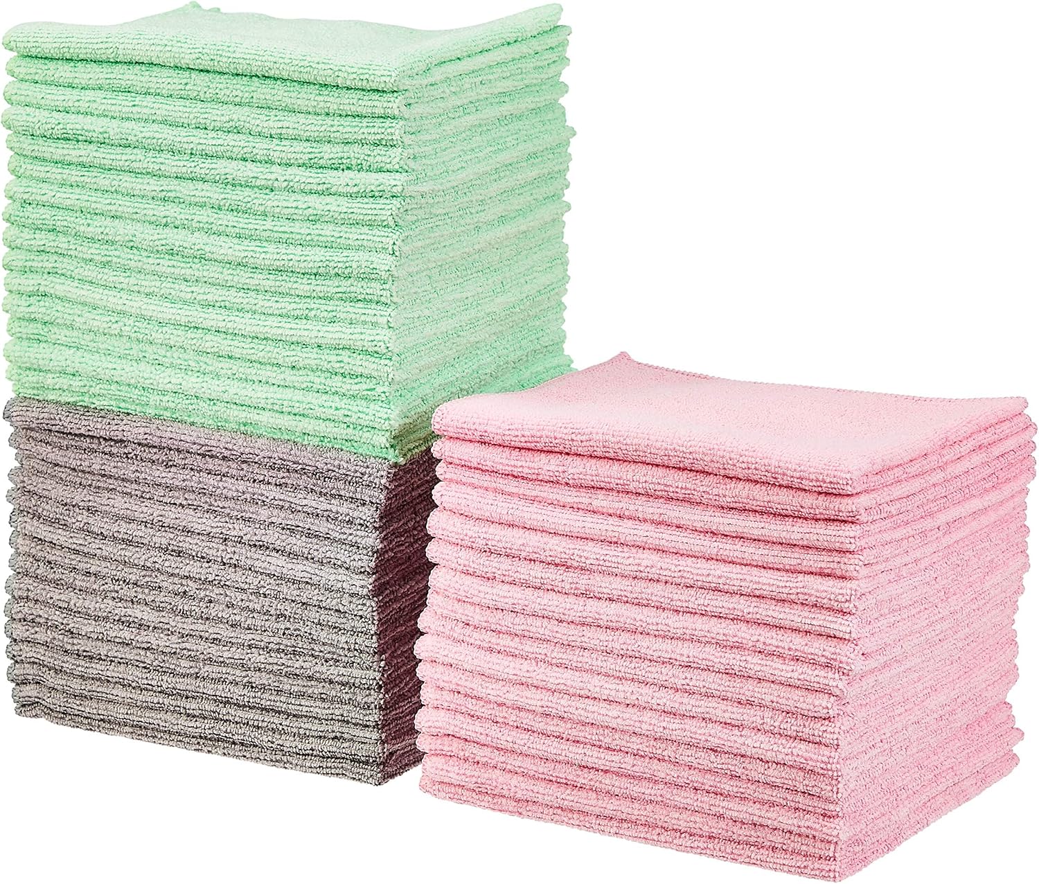 Amazon Basics - microfibra paño de limpieza, paquete de 48, 16L x 12W centímetros, Verde/Gris/Rosa