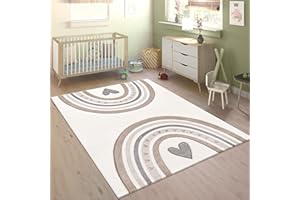 ‎PACO HOME Paco Home Teppich Kinderzimmer Kinderteppich Junge Mädchen Pastell 3D Effekt Modern Regenbogen Herz Beige Creme Grau, Grösse:120x170 cm