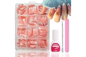 MrCuvaryas 240 sztuk French Press On Nails Short Almond, Full Cover tipsy krótkie do paznokci żelowych, sztuczne paznokcie z klejem, akrylowe tipsy do naklejania, DE-NailBox-HTMC-SYG01-LY-24-05